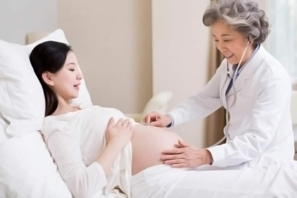 Madre embarazada siendo examinada por el médico de Beike